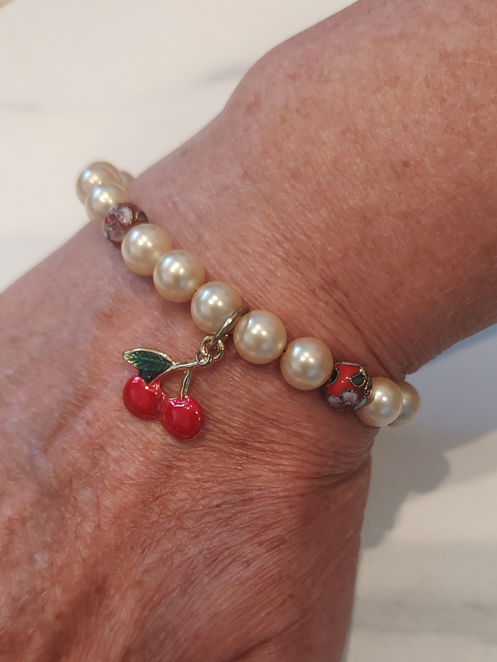 Pearl, Cloisonne, Cherry Charm Bracelet With Magnetic Clasp
